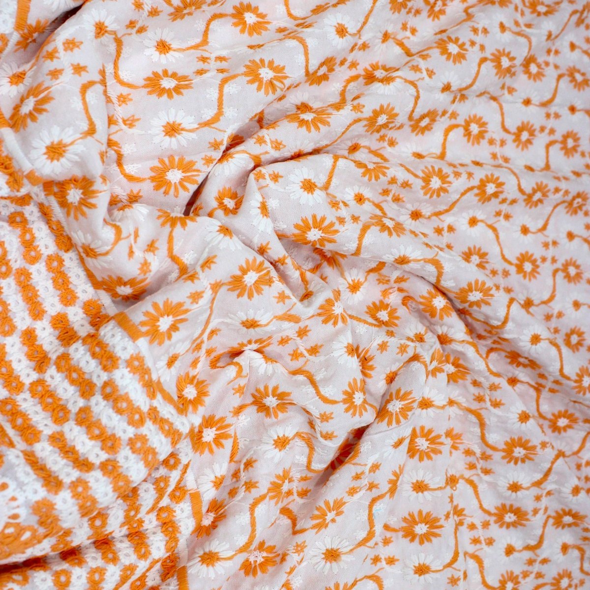 3 Metre Broderie Anglaise Floral Cotton - 45" Wide (Orange & White) - Pound A Metre