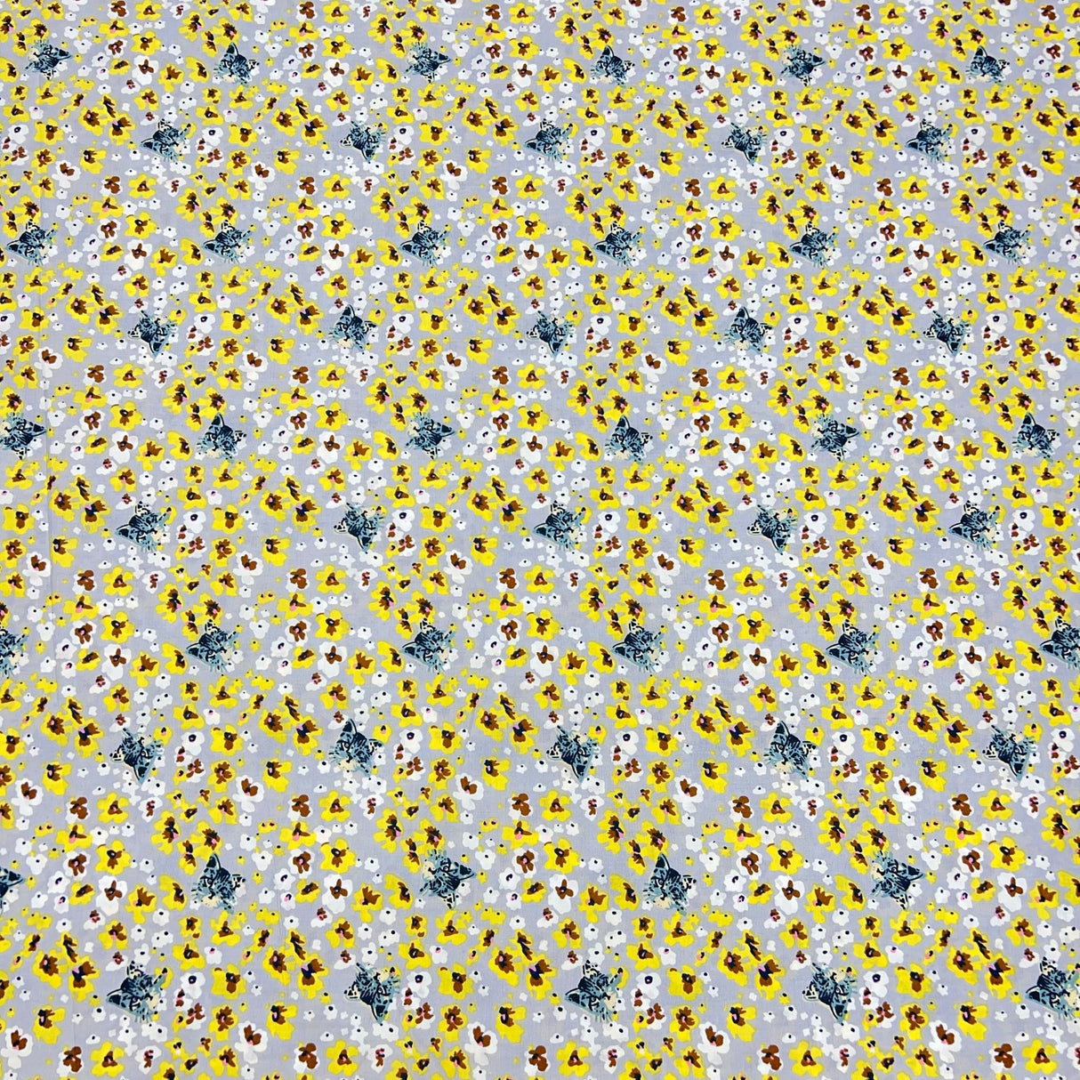 Per Metre Luxury Dressmaking 100% Cotton Lawn- 60" (Yellow & Grey Floral)