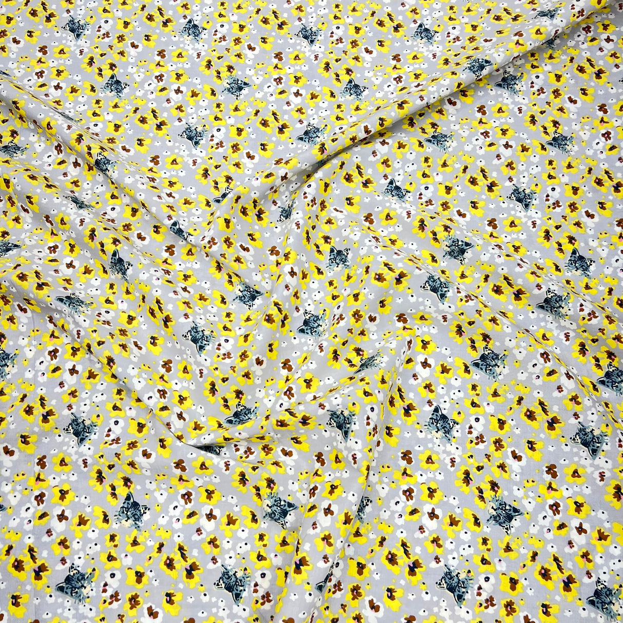 Per Metre Luxury Dressmaking 100% Cotton Lawn- 60" (Yellow & Grey Floral)