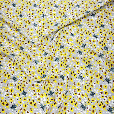 Per Metre Luxury Dressmaking 100% Cotton Lawn- 60" (Yellow & Grey Floral)