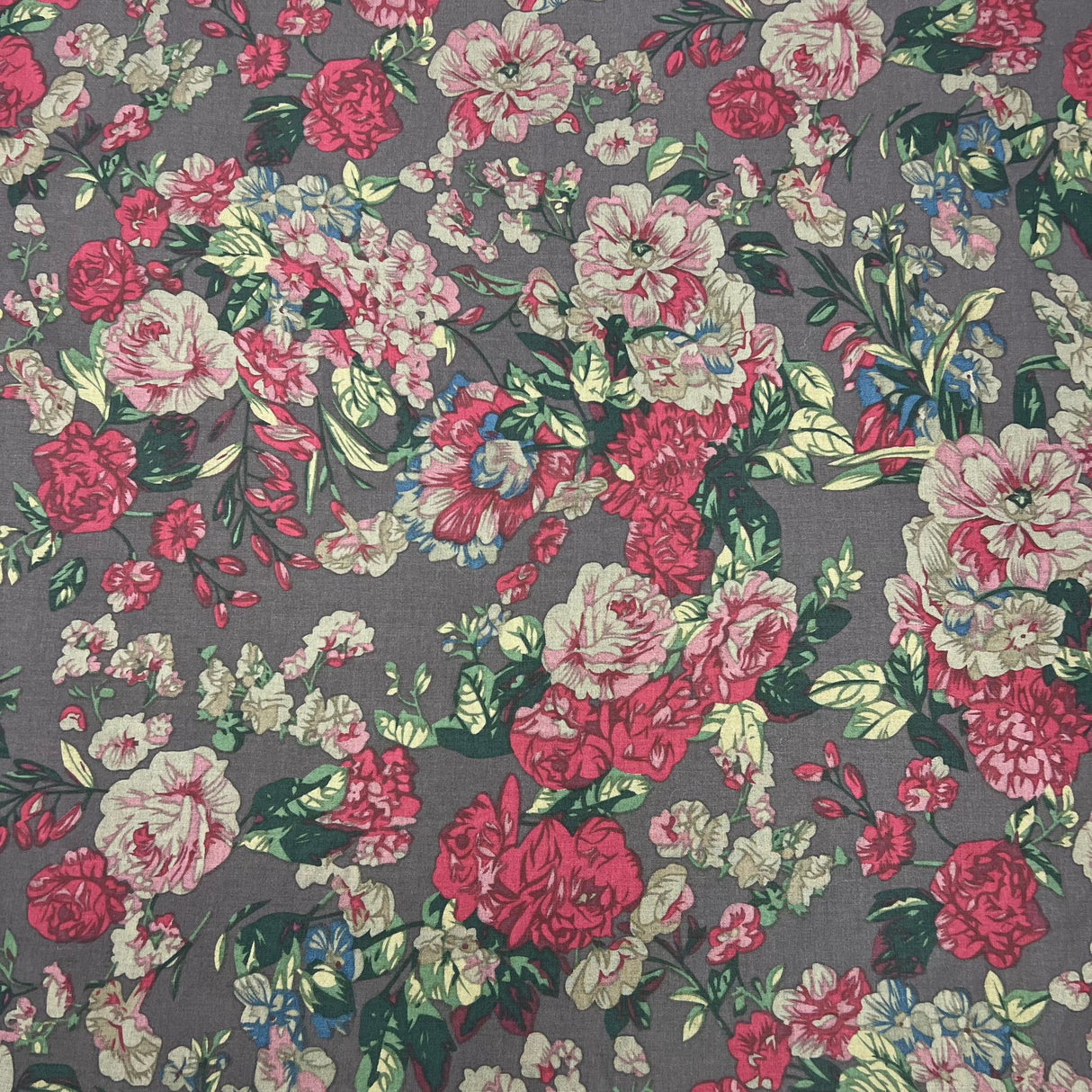 Per Metre Luxury Dressmaking 100% Cotton Lawn- 60" (Roses on Grey)