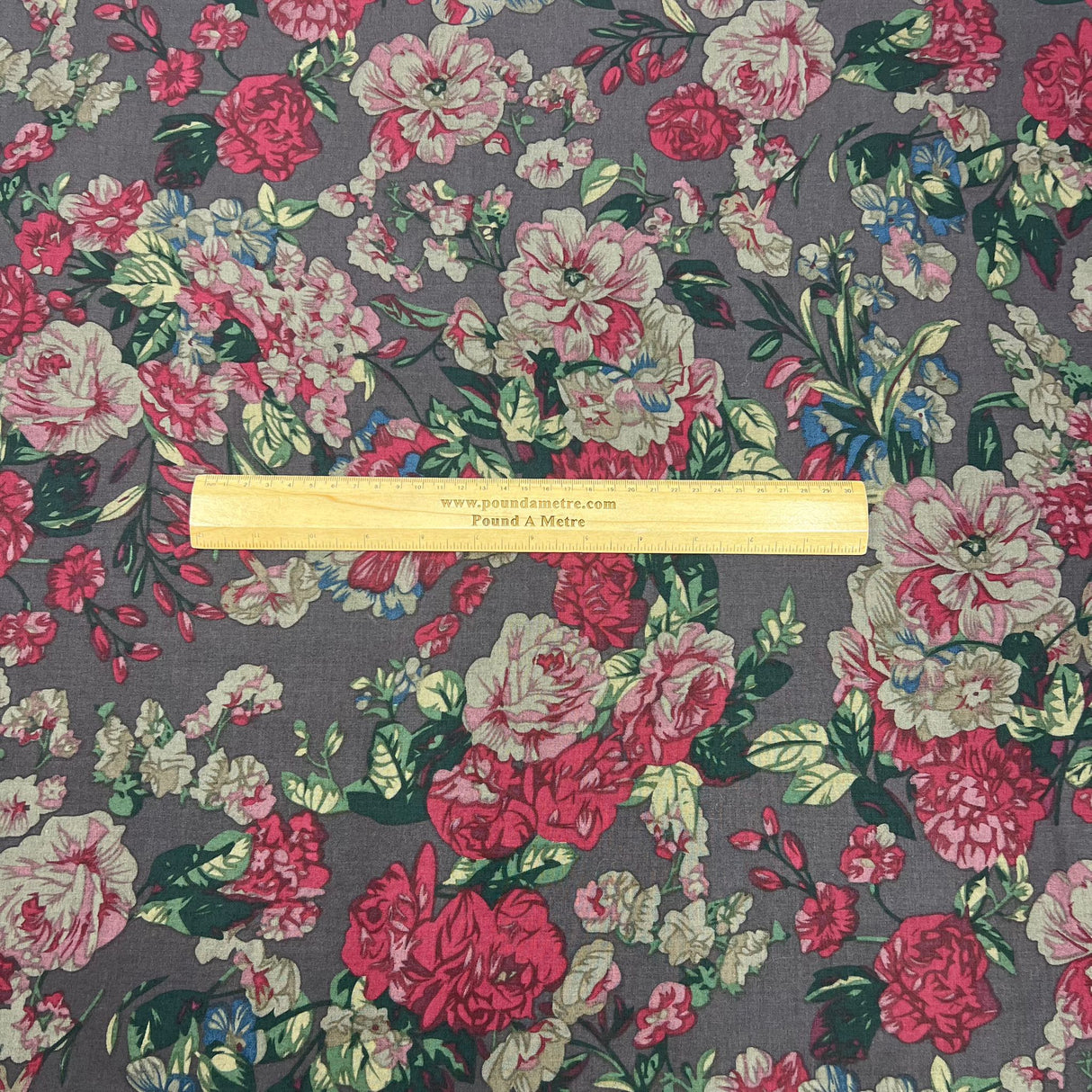 Per Metre Luxury Dressmaking 100% Cotton Lawn- 60" (Roses on Grey)