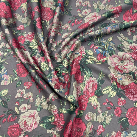 Per Metre Luxury Dressmaking 100% Cotton Lawn- 60" (Roses on Grey)