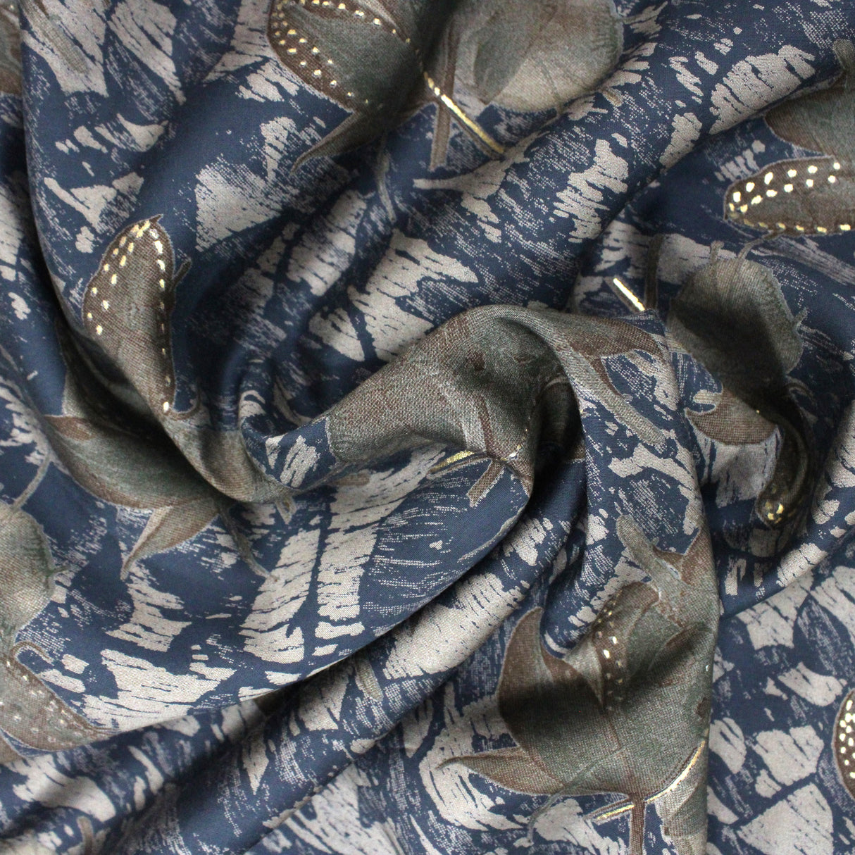 3 Metres Digital Print Roman Silk- 45" Wide (Navy Leaf)