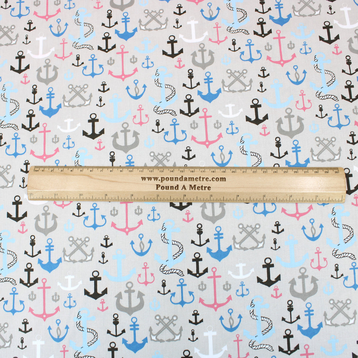 3 Metre Soft Printed Organic Cotton- 45" Wide (Anchors Grey)