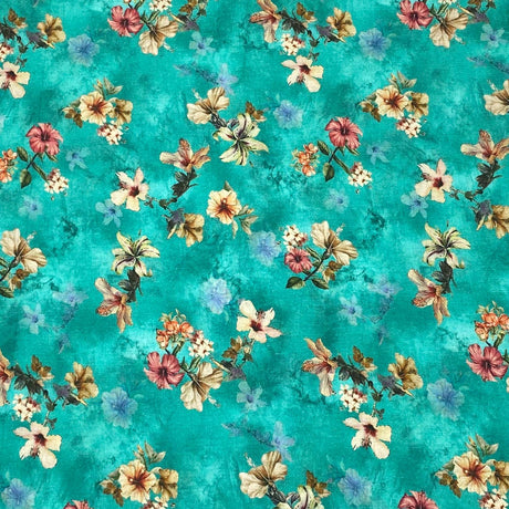 Per Metre Luxury Breathable Dressmaking Floral Cotton Lawn - 55" (Turquoise)