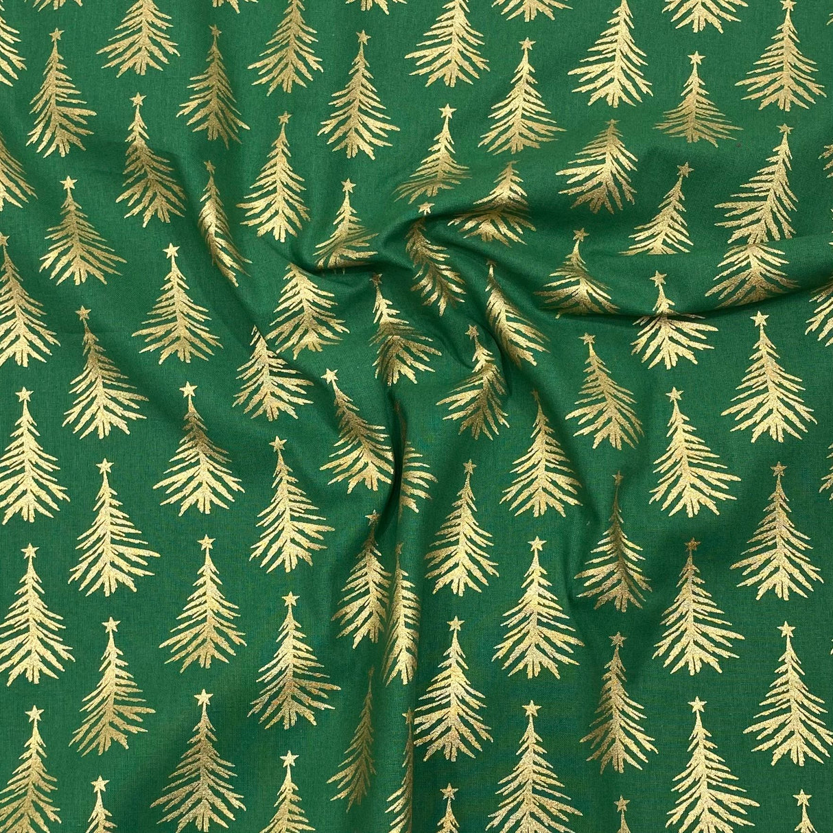 Per Metre Digitally Printed Gold Foil Christmas 100% Cotton- 45" Wide (Green Tree)