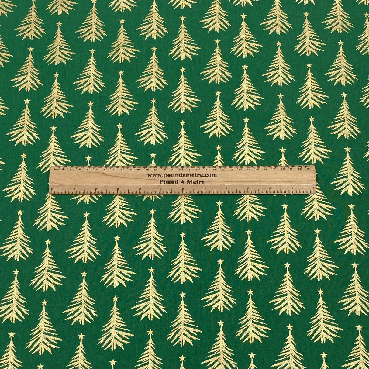 Per Metre Digitally Printed Gold Foil Christmas 100% Cotton- 45" Wide (Green Tree)