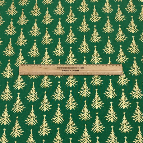 Per Metre Digitally Printed Gold Foil Christmas 100% Cotton- 45" Wide (Green Tree)