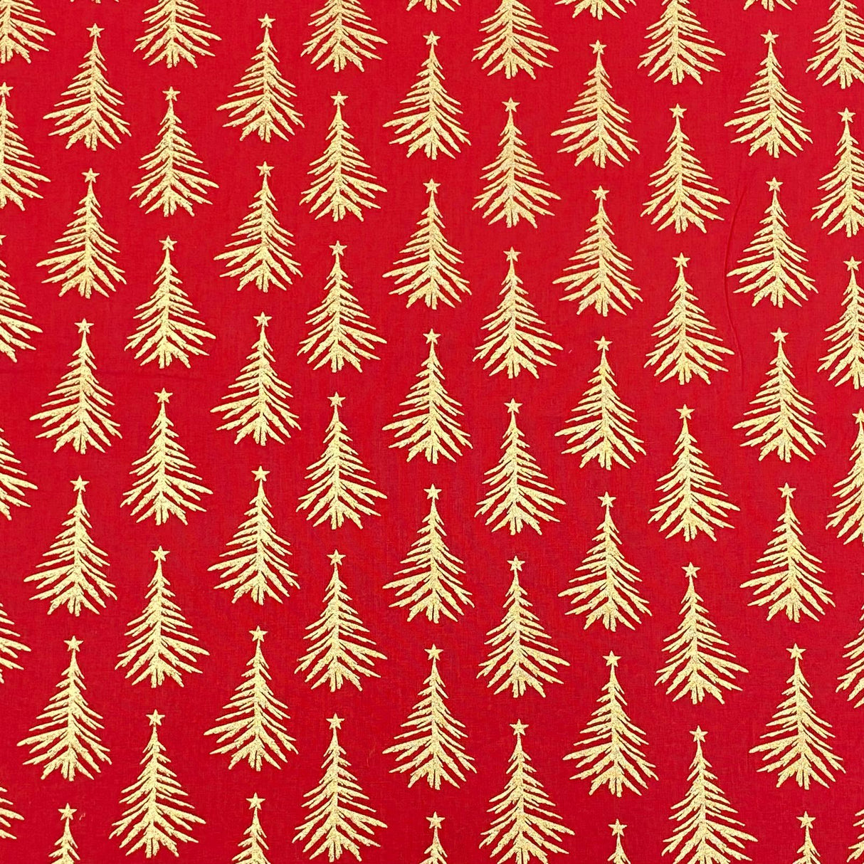 Per Metre Digitally Printed Gold Foil Christmas 100% Cotton- 45" Wide (Red Tree)