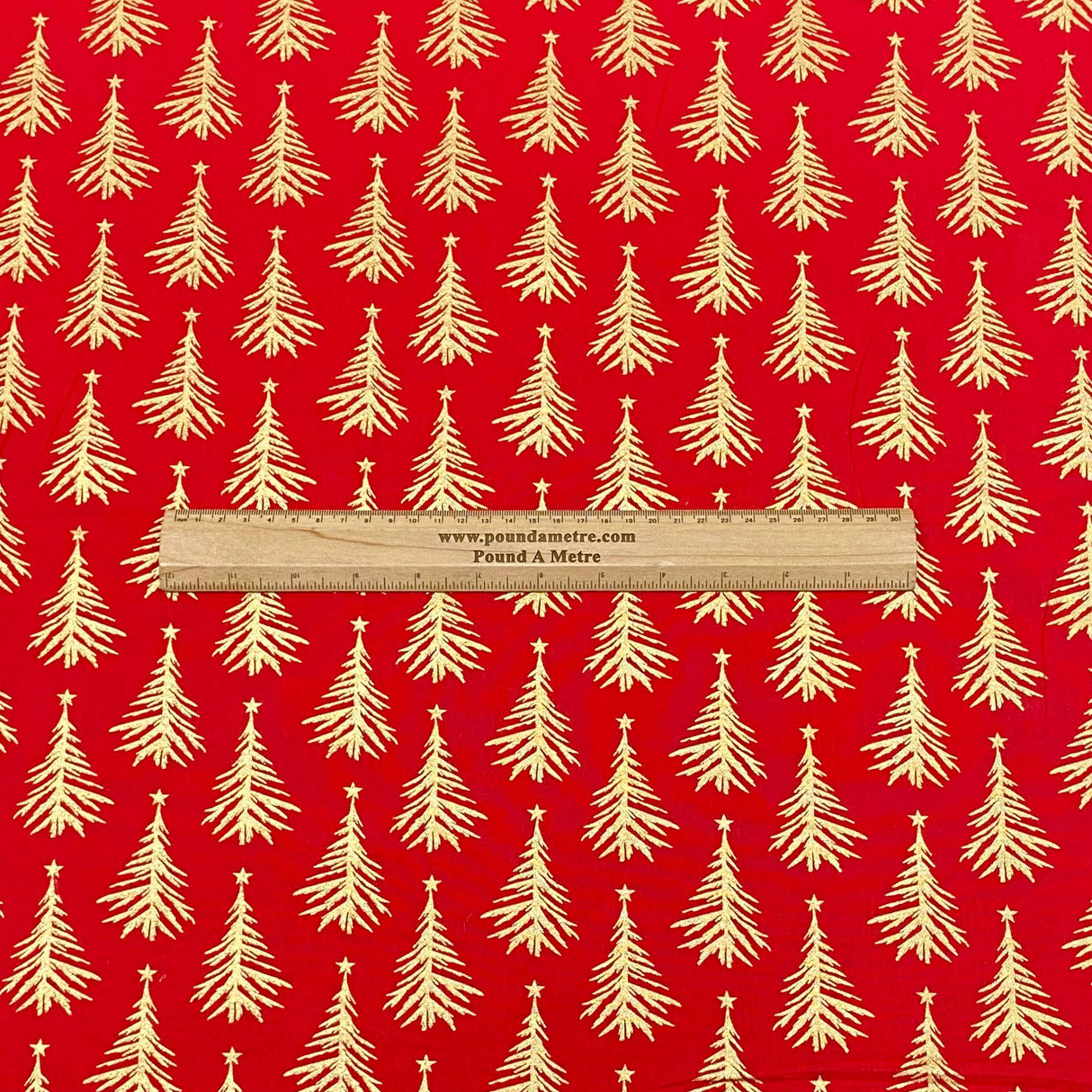 Per Metre Digitally Printed Gold Foil Christmas 100% Cotton- 45" Wide (Red Tree)