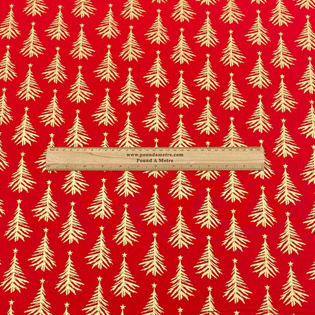 Per Metre Digitally Printed Gold Foil Christmas 100% Cotton- 45" Wide (Red Tree)