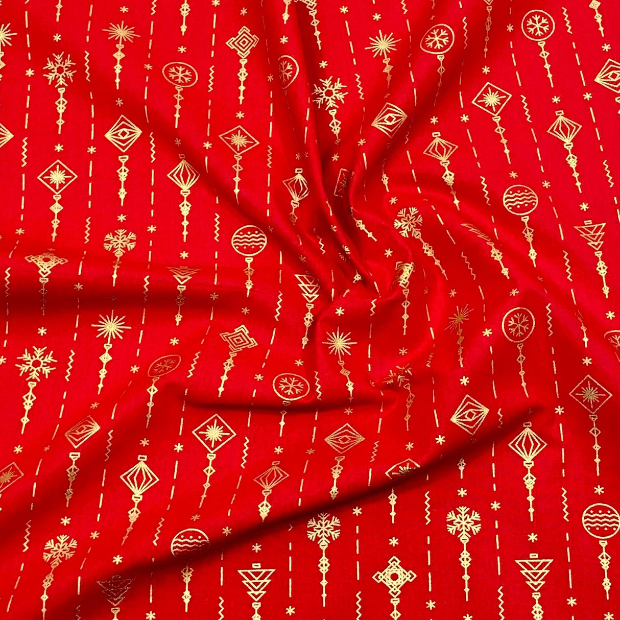 Per Metre Digitally Printed Gold Foil Christmas 100% Cotton- 45" Wide (Red Design)