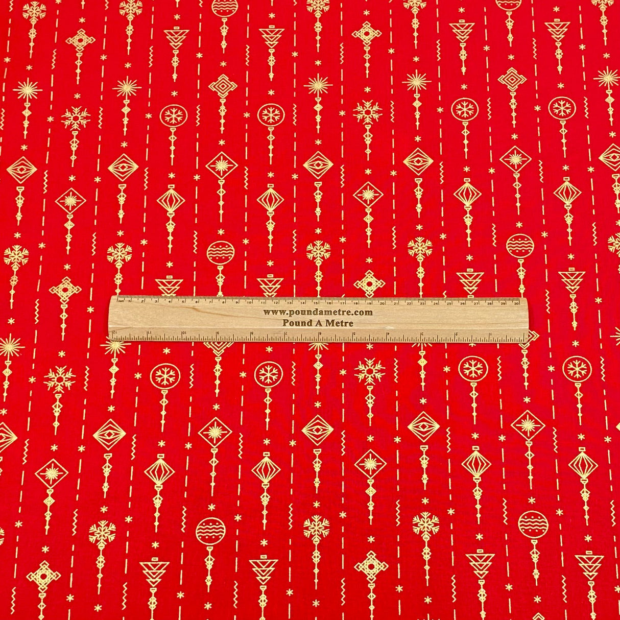 Per Metre Digitally Printed Gold Foil Christmas 100% Cotton- 45" Wide (Red Design)