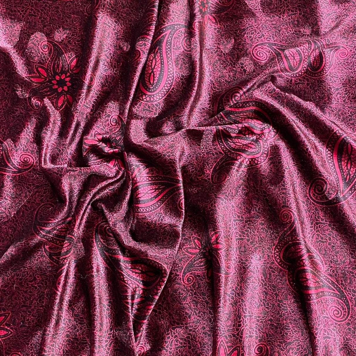 3 Metres Premium Printed Spandex Velvet 55" Wide (Maroon Paisley)