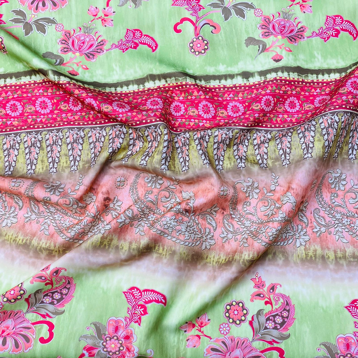 3 Metres Luxurious Printed Satin- 55" Wide (Green & Pink)