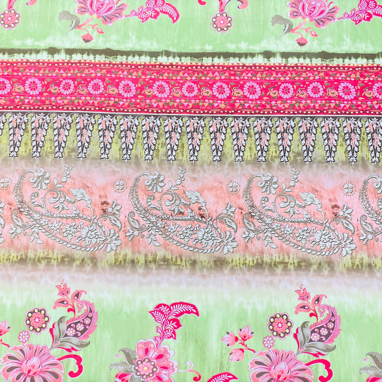 3 Metres Luxurious Printed Satin- 55" Wide (Green & Pink)