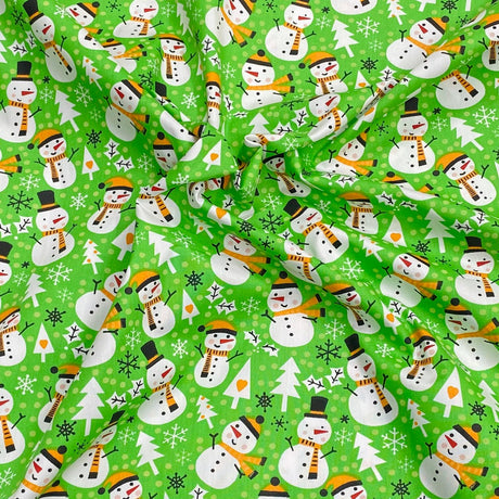 3 Metres Super Soft Christmas Print Poplin Cotton - 45" Wide (Snowman Green)