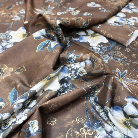 3 Metre Luxury Gold Foil Floral Sateen ‘Fleur’ - 55" Wide Brown - Pound A Metre