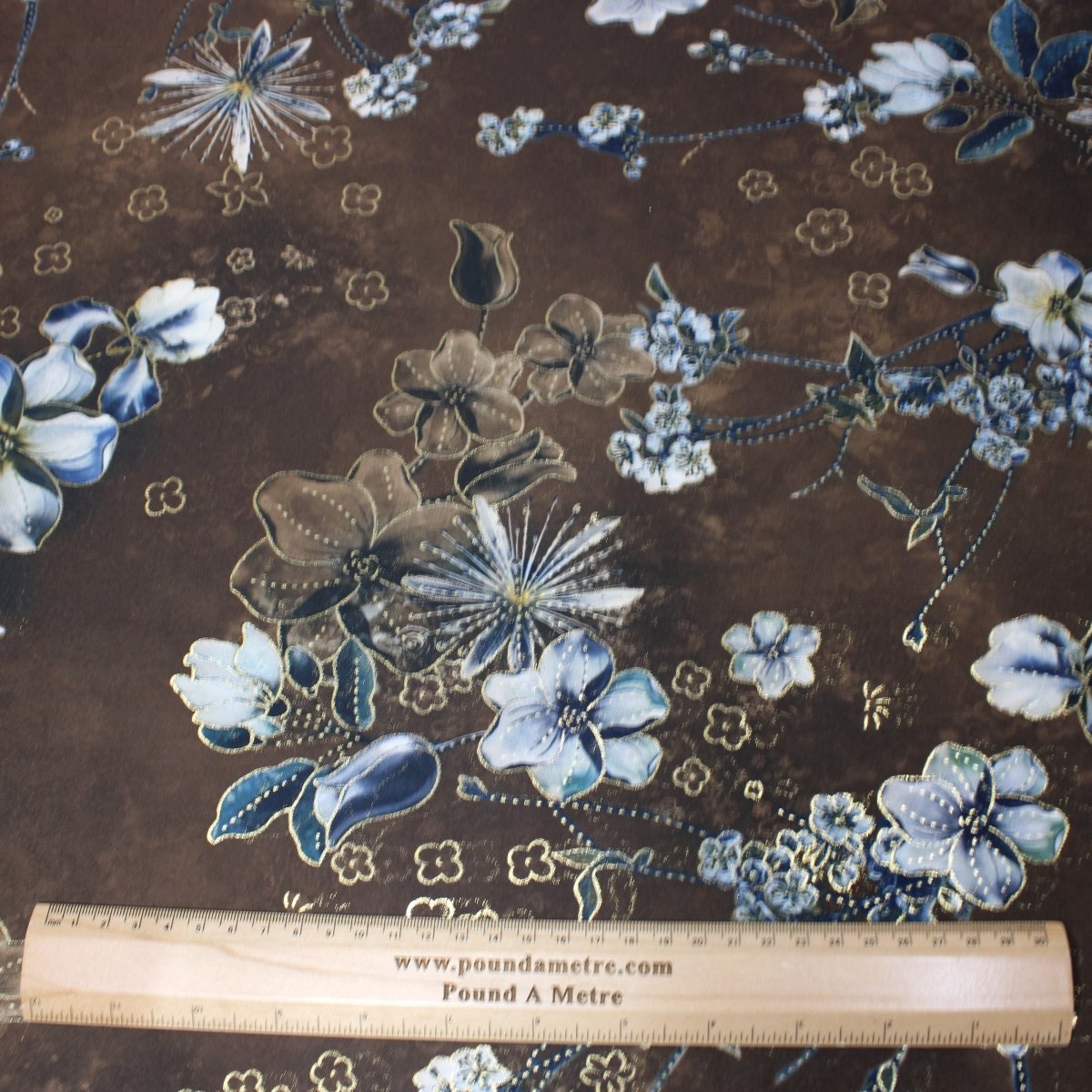 3 Metre Luxury Gold Foil Floral Sateen ‘Fleur’ - 55" Wide Brown - Pound A Metre