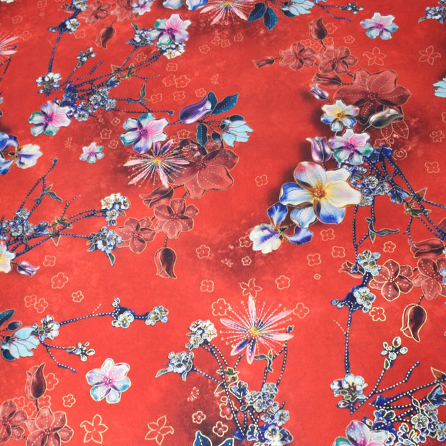 3 Metre Luxury Gold Foil Floral Sateen ‘Fleur’ - 55" Wide Red - Pound A Metre