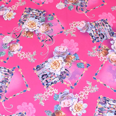 3 Metre Luxury Gold Foil Floral Sateen ‘Floret’ - 55" Wide Hot Pink - Pound A Metre