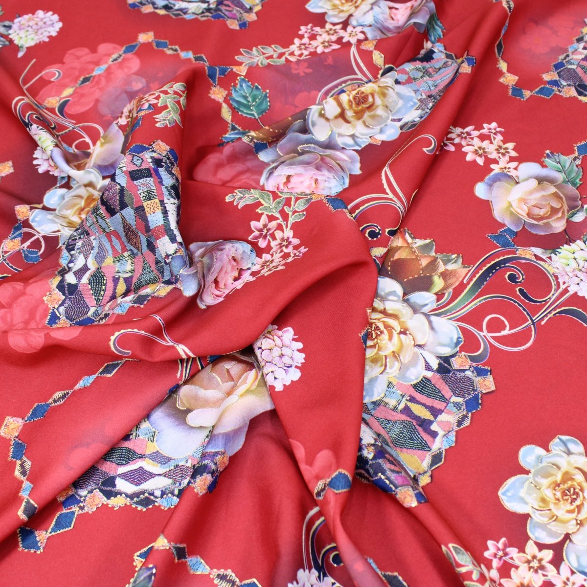 3 Metre Luxury Gold Foil Floral Sateen ‘Floret’ - 55" Wide Red - Pound A Metre