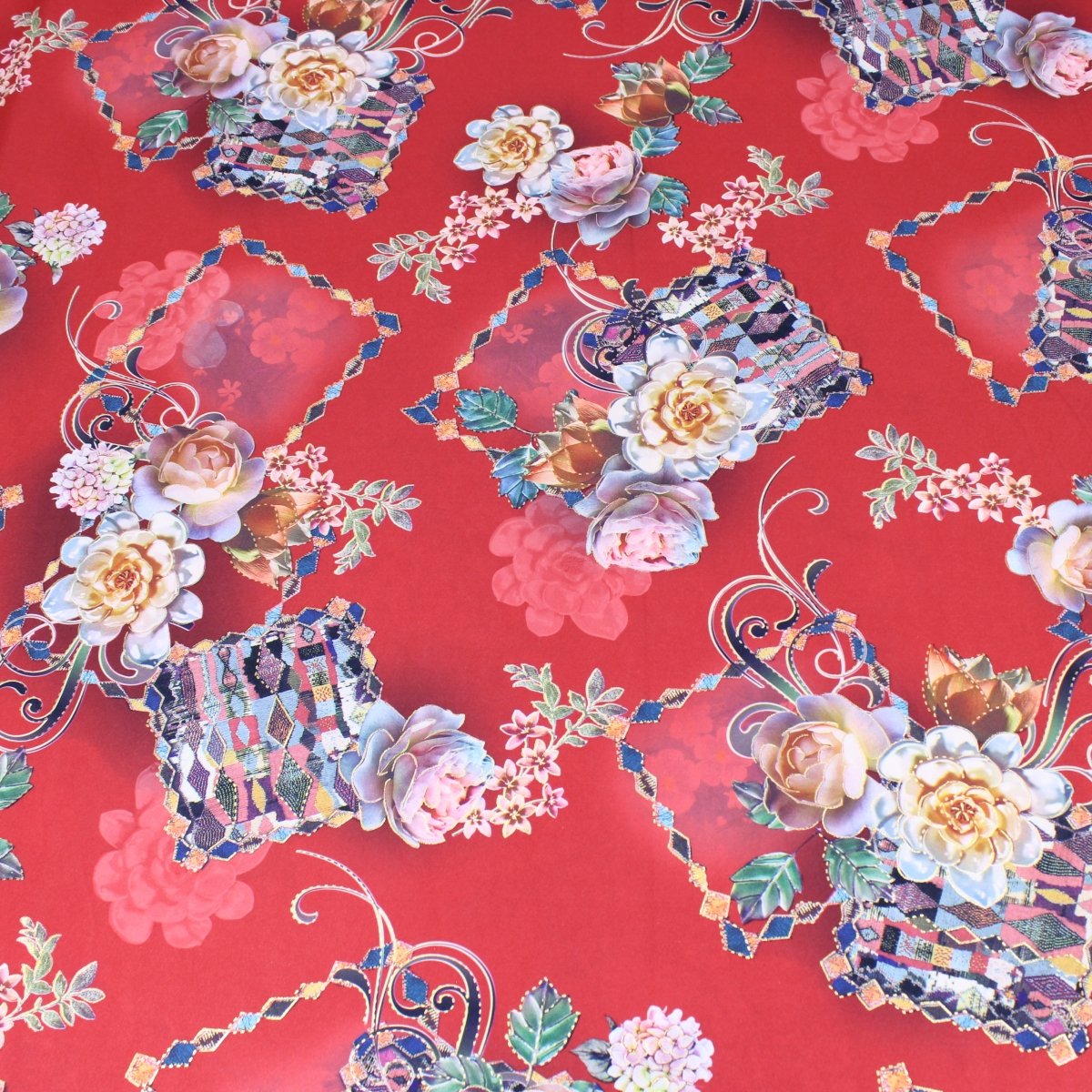 3 Metre Luxury Gold Foil Floral Sateen ‘Floret’ - 55" Wide Red - Pound A Metre