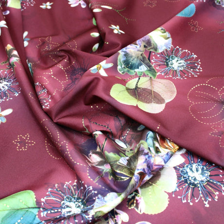 3 Metre Luxury Gold Foil Floral Sateen ‘Hypnose' - 55" Wide Dark Maroon - Pound A Metre