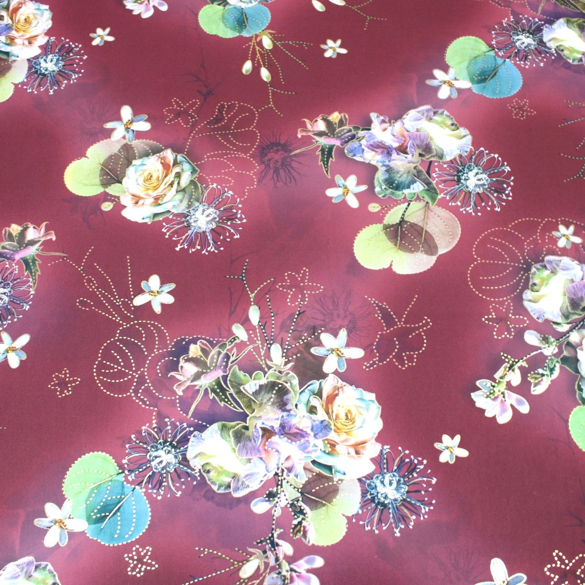 3 Metre Luxury Gold Foil Floral Sateen ‘Hypnose' - 55" Wide Dark Maroon - Pound A Metre