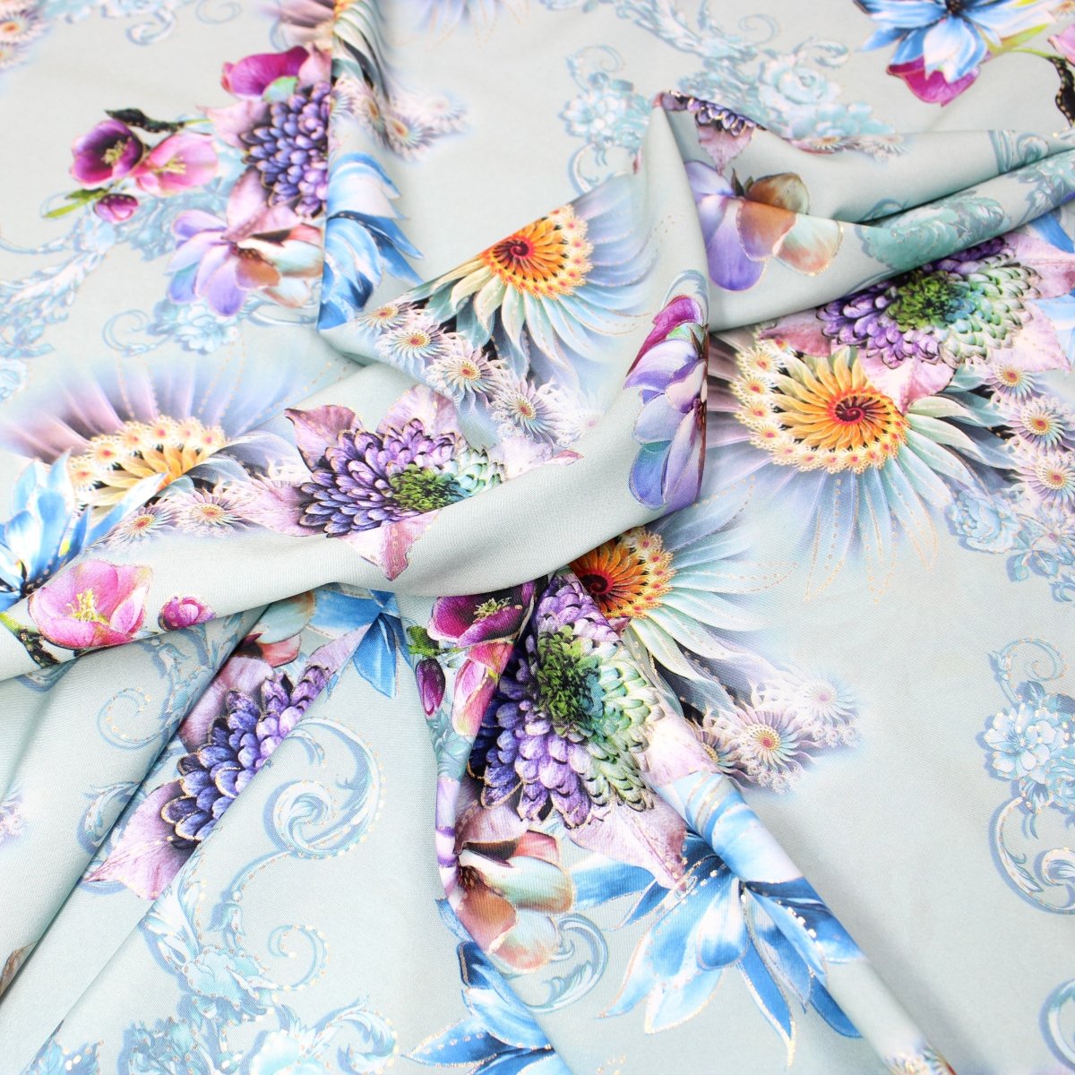 3 Metre Luxury Gold Foil Floral Sateen ‘Illusion’ - 55" Wide Dusky Light Blue - Pound A Metre