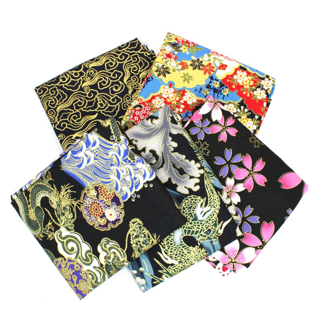 5 Piece Exclusive Oriental Gold Foil Fat Quarter 100% Cotton - Black - Pound A Metre