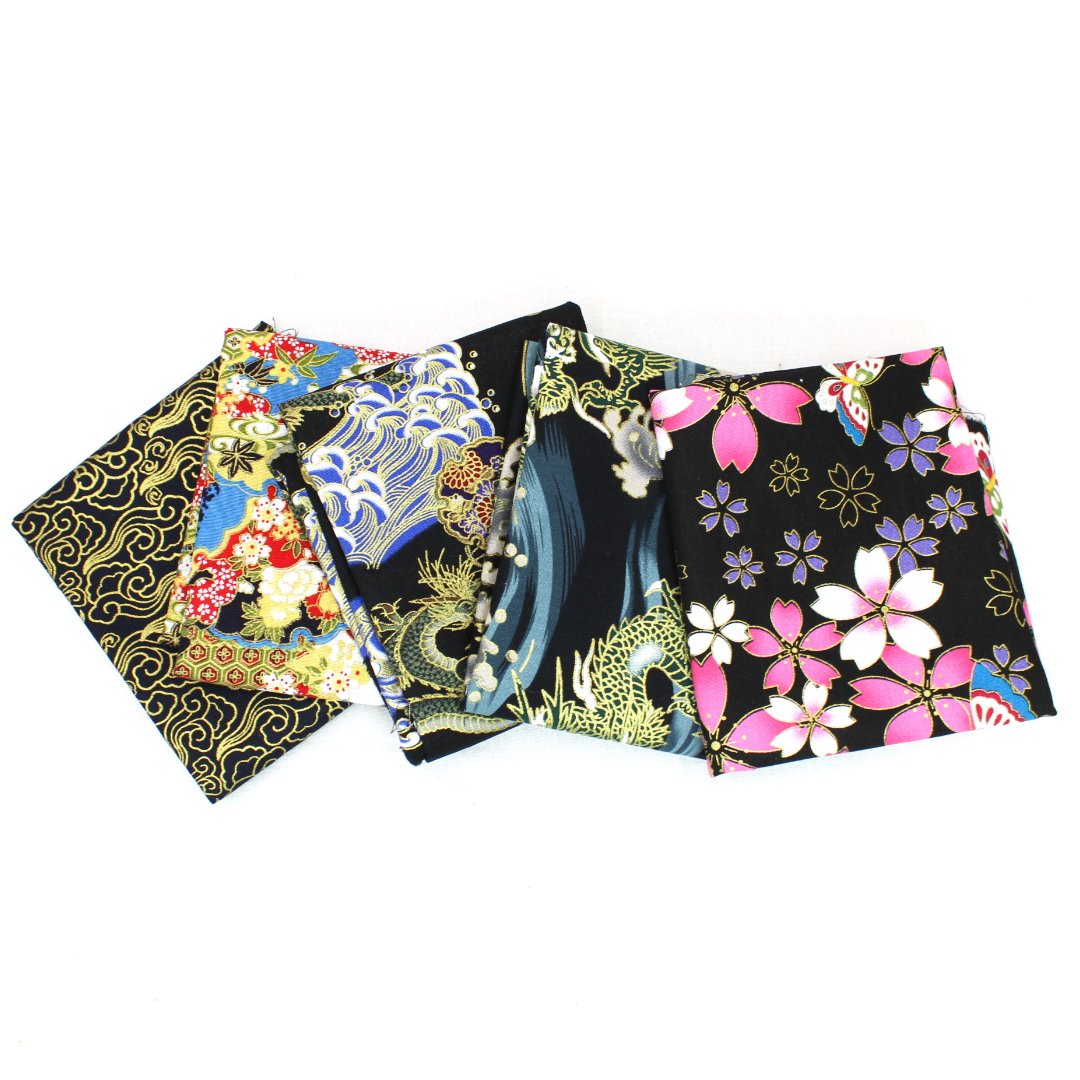 5 Piece Exclusive Oriental Gold Foil Fat Quarter 100% Cotton - Black - Pound A Metre