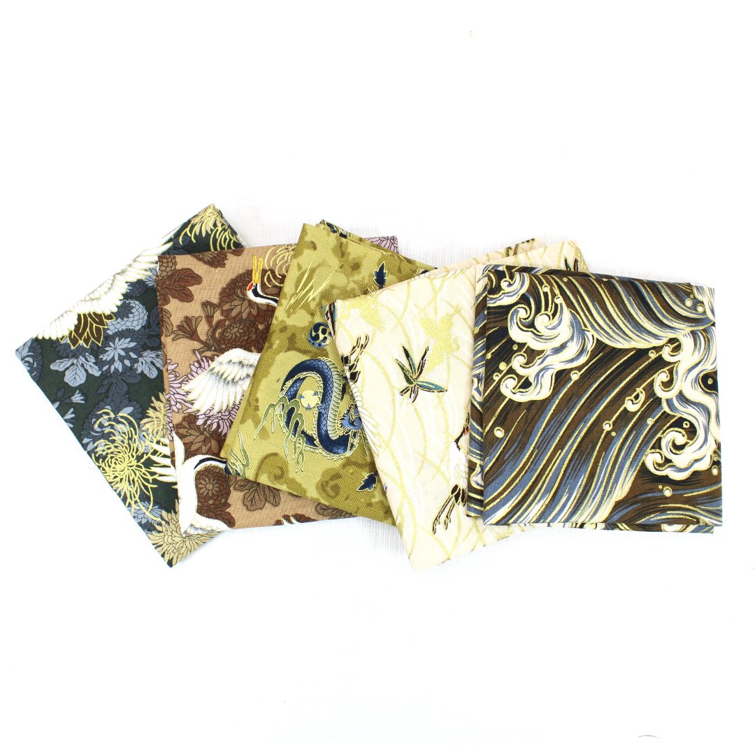 5 Piece Exclusive Oriental Gold Foil Fat Quarter 100% Cotton - Golden Brown - Pound A Metre