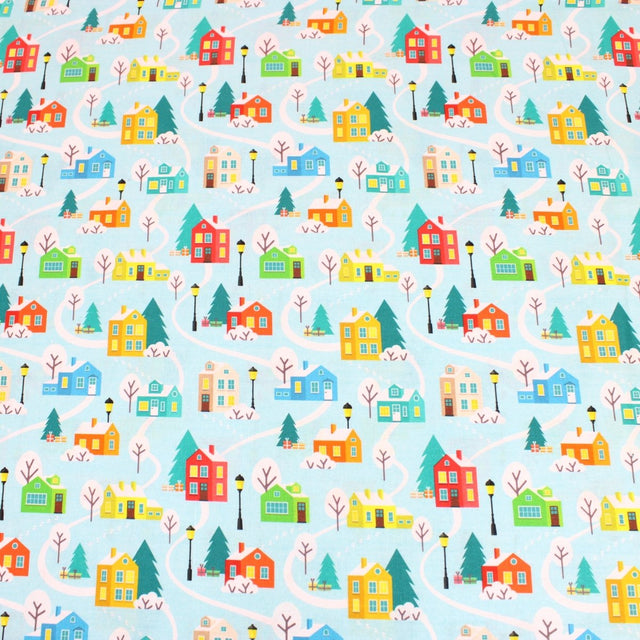 Festive Quilting Cotton 44" Wide Snow House - Light Blue - Pound A Metre