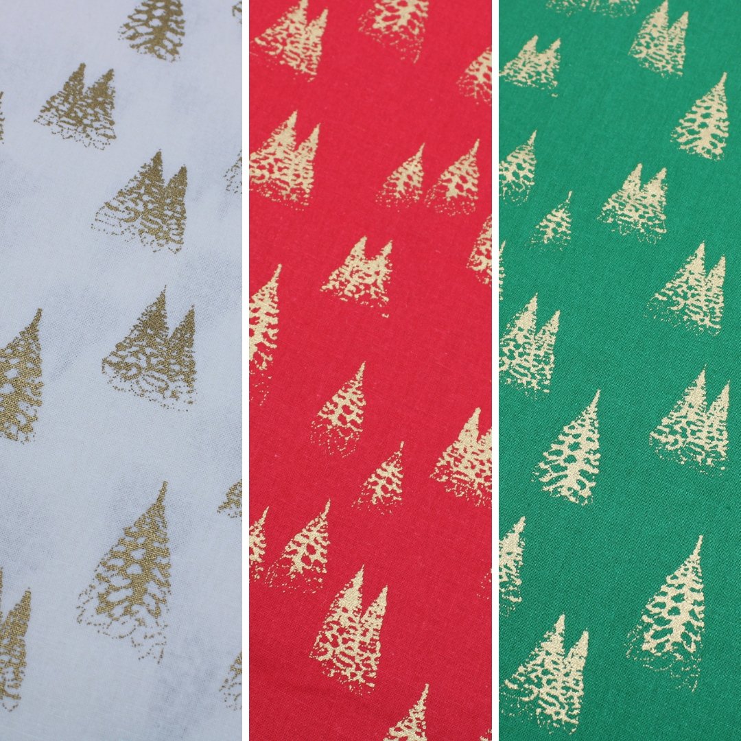 Gold Foil Premium 100% Quilting Cotton "Festive Tree" - 3 Colours - Pound A Metre