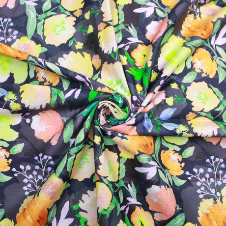 Premium Dressmaking 100% Cotton Floral Sateen - Bold Flower - 45" Wide Purple & Bright Oranges - Pound A Metre