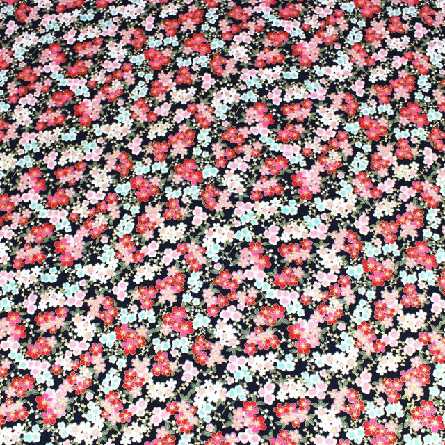 Premium Quality 100% Oriental Foil Cotton - Blossom - 55" Wide Navy - Pound A Metre