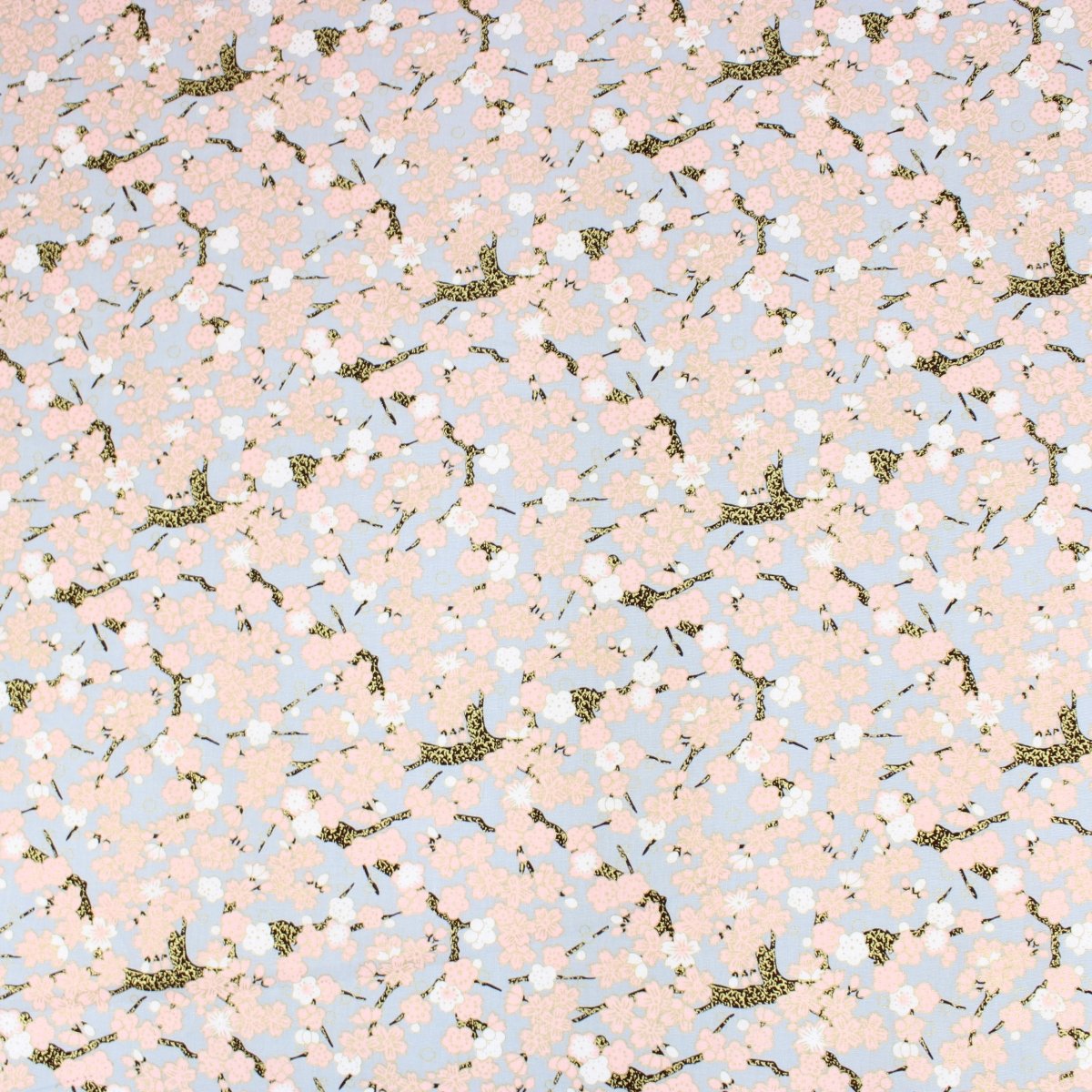 Premium Quality 100% Oriental Foil Cotton - Pink Cherry Blossom - 55" Wide Light Grey - Pound A Metre