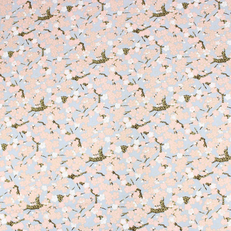 Premium Quality 100% Oriental Foil Cotton - Pink Cherry Blossom - 55" Wide Light Grey - Pound A Metre