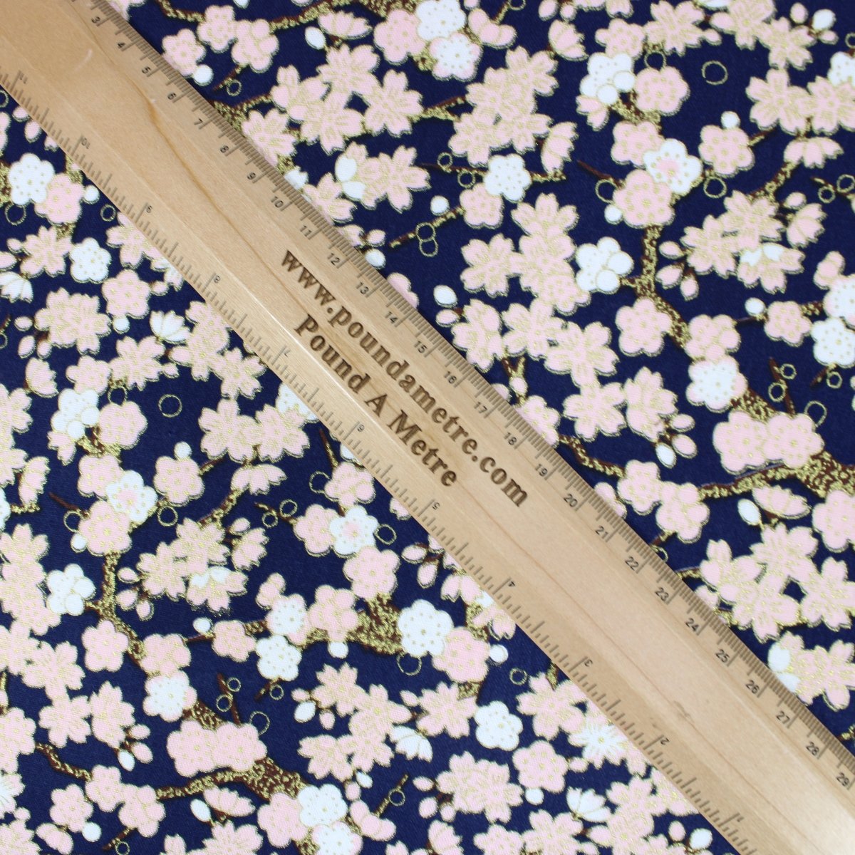 Premium Quality 100% Oriental Foil Cotton - Pink Cherry Blossom - 55" Wide Navy - Pound A Metre