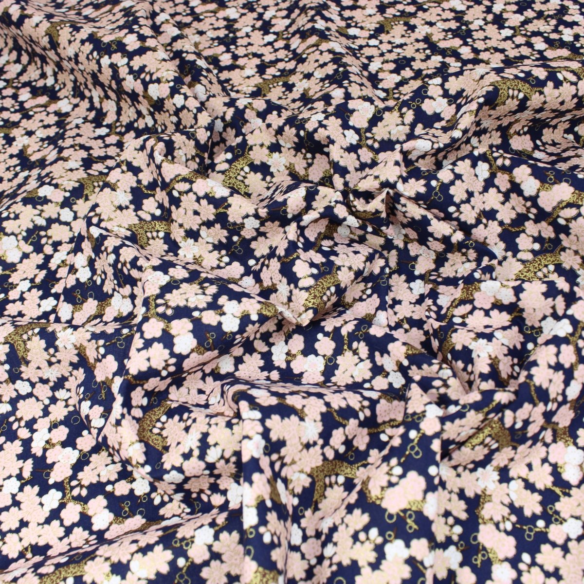 Premium Quality 100% Oriental Foil Cotton - Pink Cherry Blossom - 55" Wide Navy - Pound A Metre