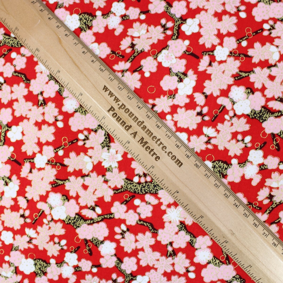 Premium Quality 100% Oriental Foil Cotton - Pink Cherry Blossom - 55" Wide Red - Pound A Metre